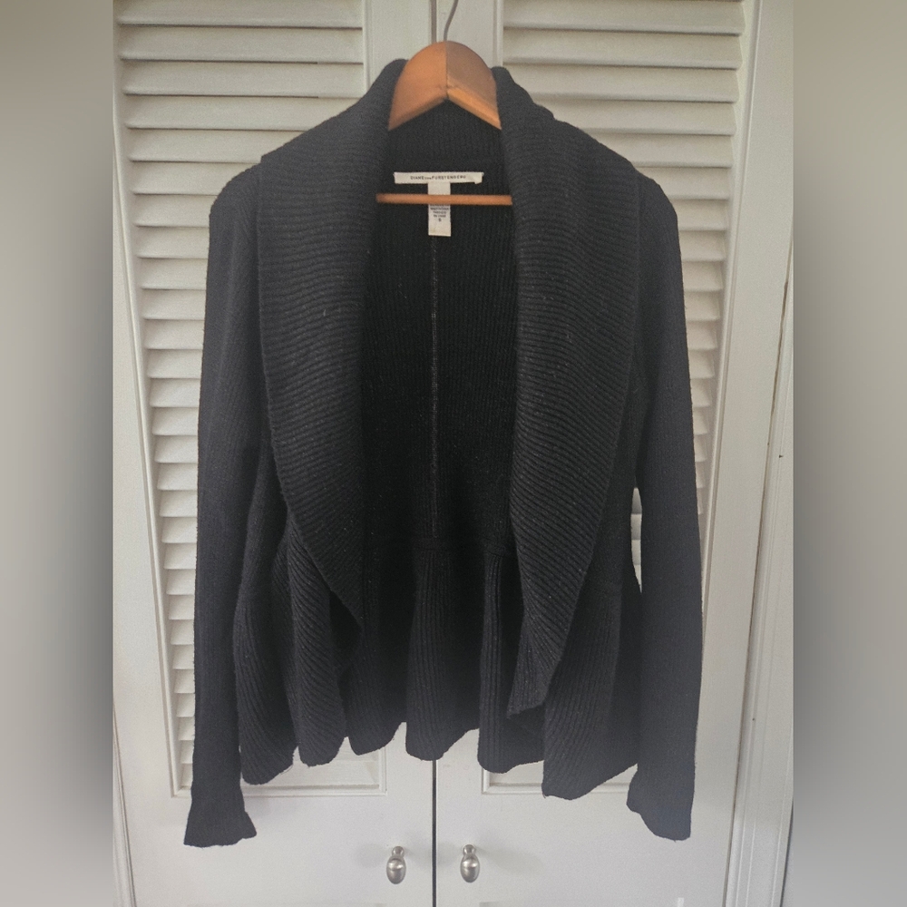 DVF Black Ribbed Shawl Collar Wool Cardigan S - Picture 2 of 8
